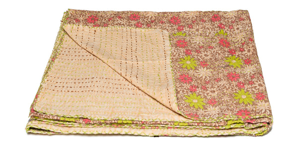 Homeroots 50" X 70" Green And Brown Kantha Cotton Floral Throw Blanket With Embroidery Beige ,Red ,Green,Brown Cotton 357577