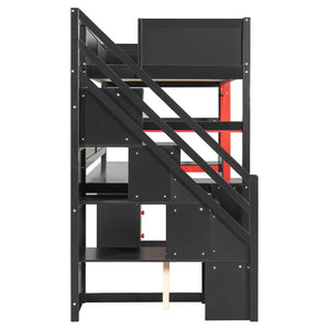 English Elm Full Size Gaming Loft Bed with Led Lighting Desk Shelves and Usb Charging Ports N820S00070J