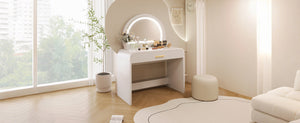English Elm 39" Makeup Vanity Table with Touchscreen LED Mirror, Sleek Dressing Table with Drawer and Glass Top - Durable Rubberwood, Fast Assembly White N704P196658K