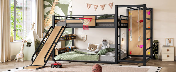 English Elm Twin Metal Loft Bed with Slide Basketball Hoop Climbing Wall and Built-in Shelves W1580S00632