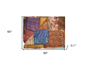 HomeRoots 60" Kantha Throw Blanket - Embroidered Cotton Patchwork Quilt for Cozy Home Decor & Travel Use Silk - 60"x90" Brown / Purple / Red / Yellow 357611