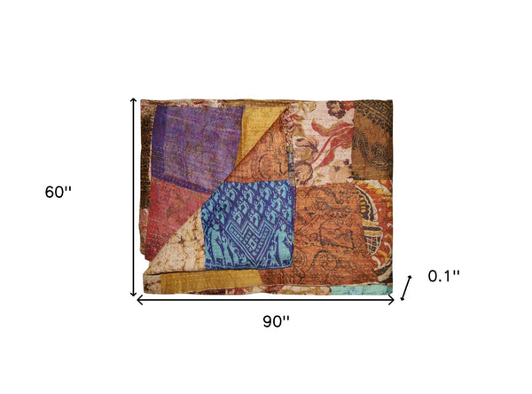 HomeRoots 60" Kantha Throw Blanket - Embroidered Cotton Patchwork Quilt for Cozy Home Decor & Travel Use Silk - 60"x90" Brown / Purple / Red / Yellow 357611