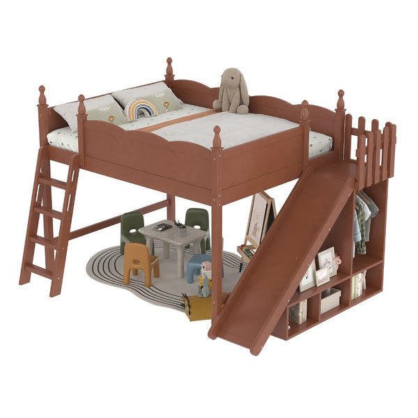 English Elm Queen Solid Pine Loft Bed with Wardrobe Shelves Detachable Slide and Dual Sleeping Zones Antique Natural W5305S00030