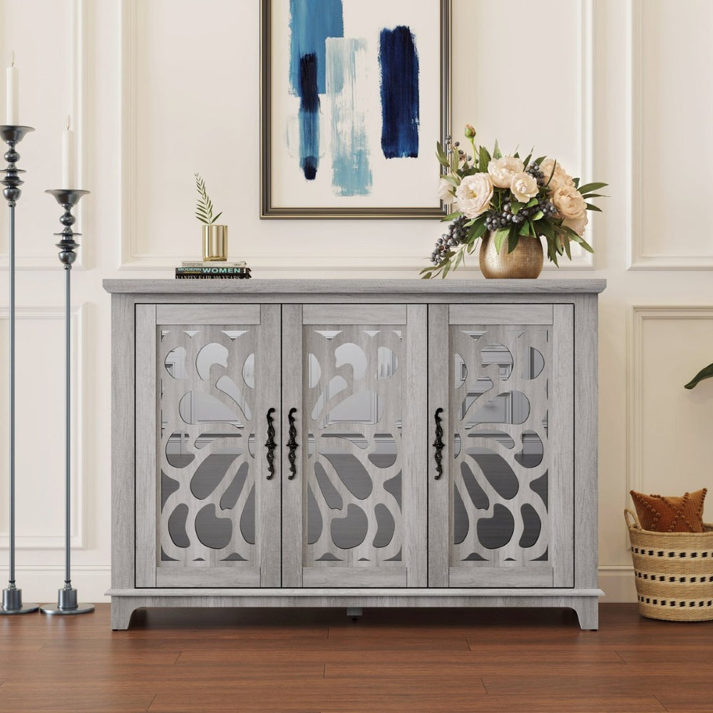 English Elm 49.33" Mirrored Lattice Buffet Cabinet with Adjustable Shelves Vintage Wood Grain Sideboard Light Gray W2899P372742