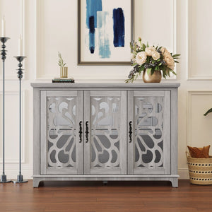 English Elm 49.33" Mirrored Lattice Buffet Cabinet with Adjustable Shelves Vintage Wood Grain Sideboard Light Gray W2899P372742