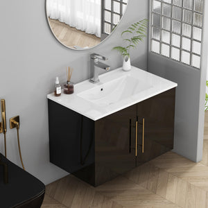 English Elm 30-Inch Black Gloss Wall-Mounted Bathroom Vanity With Soft-Close Doors & Gold Handle For Modern Style W3151S00051