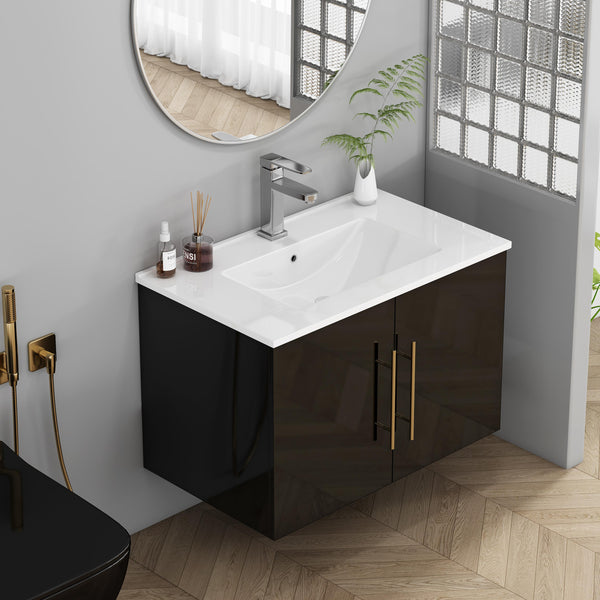 English Elm 30-Inch Black Gloss Wall-Mounted Bathroom Vanity With Soft-Close Doors & Gold Handle For Modern Style W3151S00051