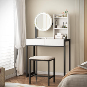 English Elm Small Bedroom Vanity Desk with Led Mirror Cushioned Stool Power Outlet and Storage White+Black W3587P462333