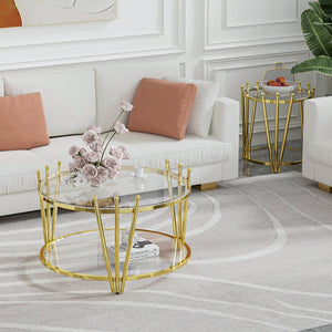 English Elm 31.5inch Modern Luxury Gold Coffee Table with Two-Tier Storage, Tempered Glass Top, Elegant Crown Design Clear W1550P171448