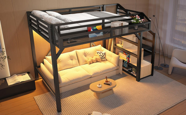 English Elm Twin Metal Loft Bed with Wardrobe Shelves Storage Stairs Led Lighting Usb Ports W1580S00404