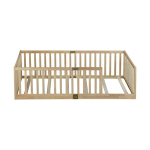 English Elm Twin Montessori Floor Bed Solid Rubber Wood with Safety Fence Rails Toddler Room W504P411197