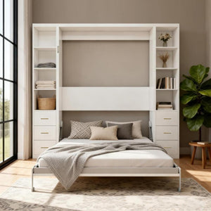 English Elm Desk Murphy Wall Bed Queen with Side Storage Cabinets for Home Office Study W5290S00006