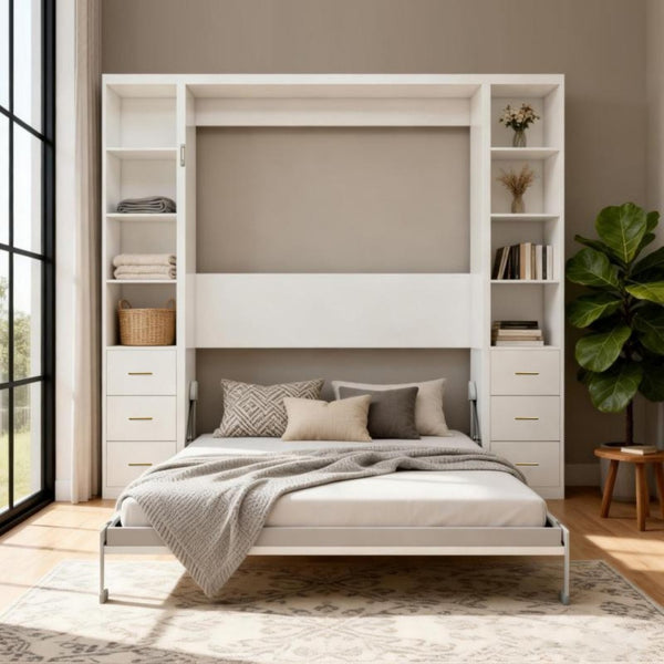 English Elm Desk Murphy Wall Bed Queen with Side Storage Cabinets for Home Office Study W5290S00006