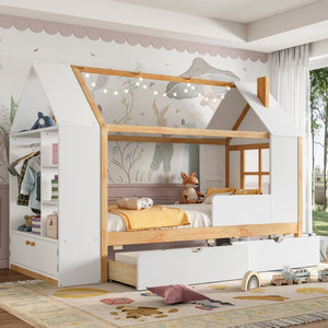 English Elm Twin House Frame Bed Pine Wood with Storage Drawers and Shelves for Kids Bedroom W1580S00572