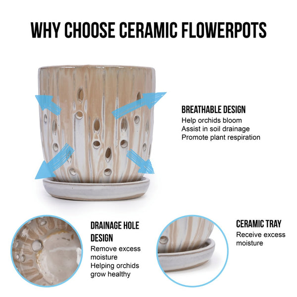 English Elm Set Of 2 Striped Ceramic Flowerpots - Modern 8" Planters With Drainage Holes For Stylish Displays W3273P322552-GIGA