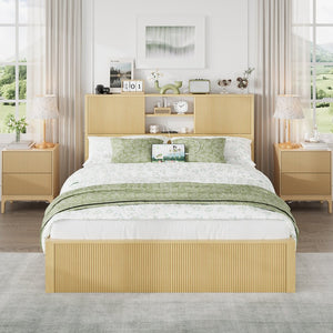 English Elm Queen Storage Bed Oak Finish Sliding Barn Door Headboard with Built-in Charging T3773P417190