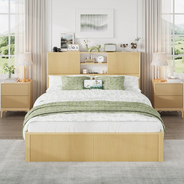 English Elm Queen Storage Bed Oak Finish Sliding Barn Door Headboard with Built-in Charging T3773P417190