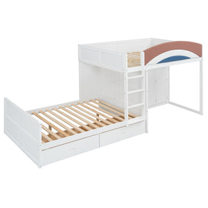 English Elm Full Size Offset Bunk Bed with Wardrobe Hanging Rod Drawers and Upholstered Rail White N820S00081K
