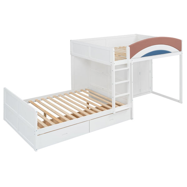 English Elm Full Size Offset Bunk Bed with Wardrobe Hanging Rod Drawers and Upholstered Rail White N820S00081K