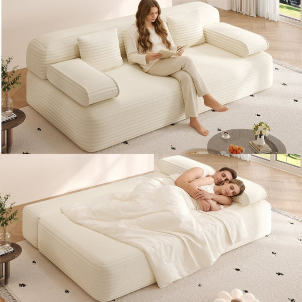 English Elm 78.7" Frameless Convertible Corduroy Sofa Sleeper Queen Bed for Compact Living Spaces Beige W3219P427161