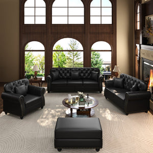English Elm Upholstered Faux Leather Chesterfield Sofa Button Tufted with Nailhead and Six Pillows Black W1885S00432