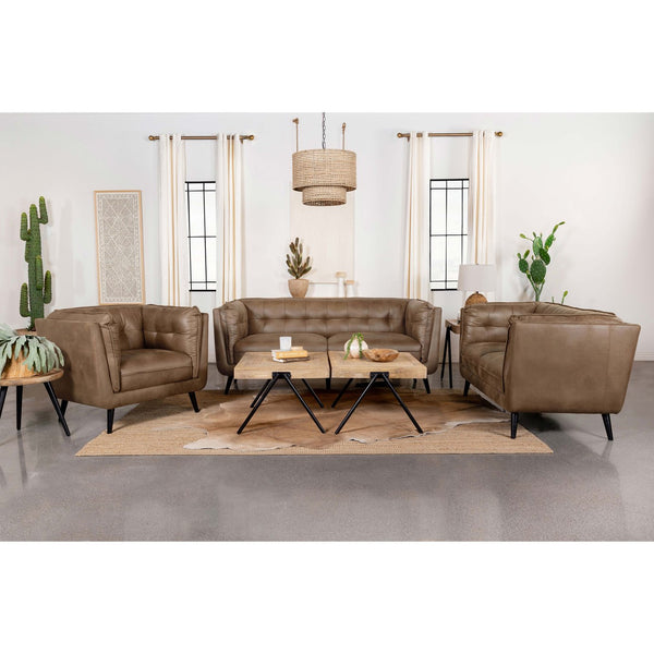 English Elm Maximillion Vintage Brown Chesterfield-Style Loveseat with Tufted Shelter Arms, Microfiber Leather Elegance B062P358089