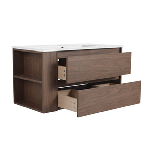 English Elm 36" Wall Mount Bathroom Vanity With High-Quality Ceramic Sink & Soft-Close Drawers For Storage W999S00143