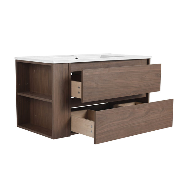 English Elm 36" Wall Mount Bathroom Vanity With High-Quality Ceramic Sink & Soft-Close Drawers For Storage W999S00143