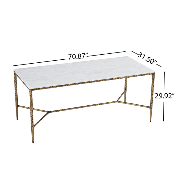 English Elm 6-seater Faux Marble Dining Table with Hammered Iron Brass Accent Legs Modern Loft Forged Brass N771P392428Z