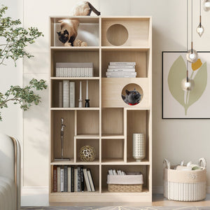 English Elm Modern 2 IN 1 Wood Bookshelf Cat House with Storage & Litter Box Enclosure, Natural Multi-Use Climbing Shelf 35.4"L x 15.7"W x 63.5"H N843P254852N