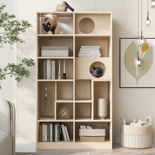 English Elm Modern 2 IN 1 Wood Bookshelf Cat House with Storage & Litter Box Enclosure, Natural Multi-Use Climbing Shelf 35.4"L x 15.7"W x 63.5"H N843P254852N