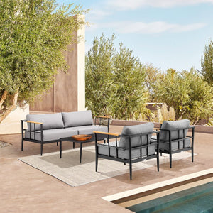 English Elm Glavian 4-Piece Outdoor Lounge Set – Aluminum & Teak Accents, Gray Cushions, Durable Powder-Coat Finish B2736S00016