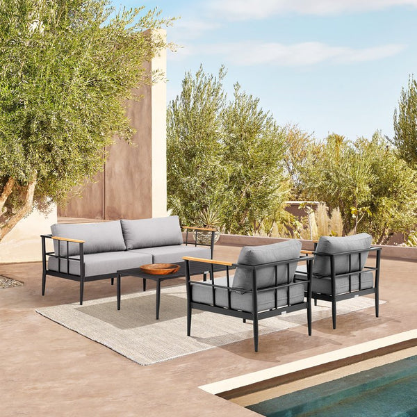 English Elm Glavian 4-Piece Outdoor Lounge Set – Aluminum & Teak Accents, Gray Cushions, Durable Powder-Coat Finish B2736S00016