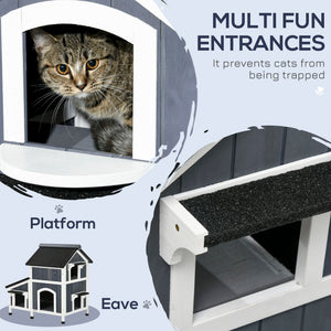 English Elm PawHut Weatherproof Outdoor Cat House with Raised Floor, Garden Planter & Multiple Entrances for Comfort and Play Gray W2225P217560