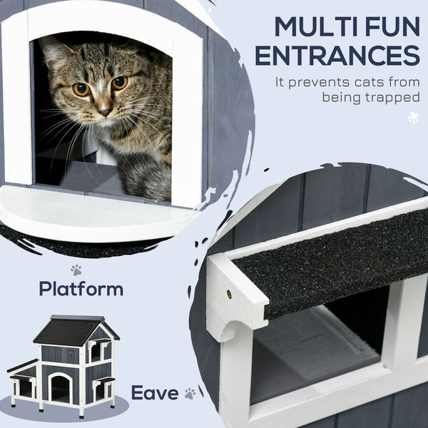 English Elm PawHut Weatherproof Outdoor Cat House with Raised Floor, Garden Planter & Multiple Entrances for Comfort and Play Gray W2225P217560