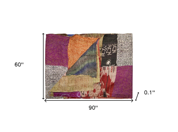HomeRoots 60" Luxurious Multicolor Silk Throw - Handcrafted Artisanal Quilt, Versatile Blanket & Tapestry 358023