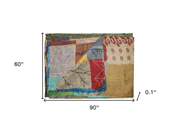 HomeRoots 60" Handcrafted Multicolor Silk Throw Blanket - Artisanal Charm, Versatile Decor, Gift-Ready! Silk - 60"x90" Brown / Red / Blue 358024