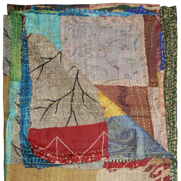 HomeRoots 60" Handcrafted Multicolor Silk Throw Blanket - Artisanal Charm, Versatile Decor, Gift-Ready! Silk - 60"x90" Brown / Red / Blue 358024