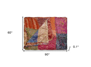 HomeRoots 60" Handcrafted Multicolor Silk Throw Blanket - Artisanal Charm, Versatile Decor, Gift-Ready! Silk - 60"x90" Pink / Orange / Blue / Cream 358027