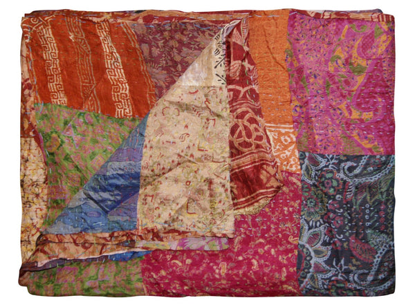 HomeRoots 60" Handcrafted Multicolor Silk Throw Blanket - Artisanal Charm, Versatile Decor, Gift-Ready! Silk - 60"x90" Pink / Orange / Blue / Cream 358027