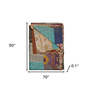 Homeroots 50" X 70" Green And Brown Quilted Cotton Patchwork Throw Blanket With Embroidery Blue ,Grey ,Red ,Brown Cotton 358049