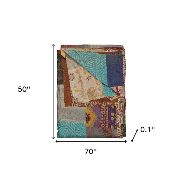 Homeroots 50" X 70" Green And Brown Quilted Cotton Patchwork Throw Blanket With Embroidery Blue ,Grey ,Red ,Brown Cotton 358049