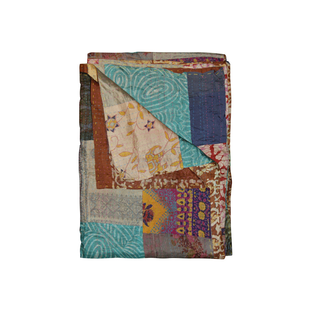 Homeroots 50" X 70" Green And Brown Quilted Cotton Patchwork Throw Blanket With Embroidery Blue ,Grey ,Red ,Brown Cotton 358049