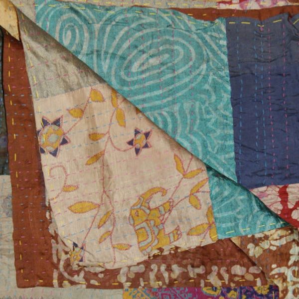 Homeroots 50" X 70" Green And Brown Quilted Cotton Patchwork Throw Blanket With Embroidery Blue ,Grey ,Red ,Brown Cotton 358049