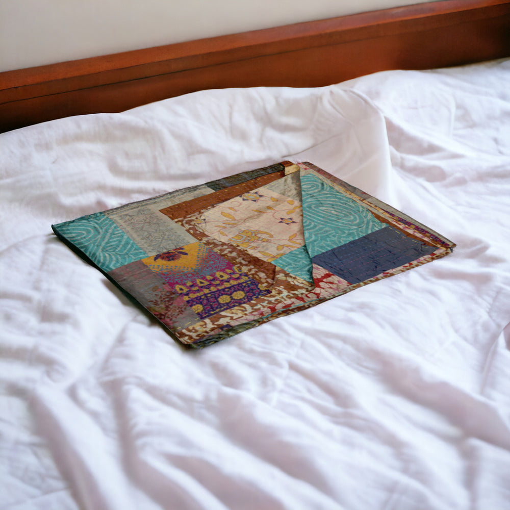 Homeroots 50" X 70" Green And Brown Quilted Cotton Patchwork Throw Blanket With Embroidery Blue ,Grey ,Red ,Brown Cotton 358049