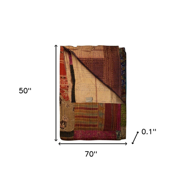 Homeroots 50" X 70" Burgundy And Brown Quilted Cotton Patchwork Throw Blanket With Embroidery Cream ,Red ,Yellow ,Pink Cotton 358052