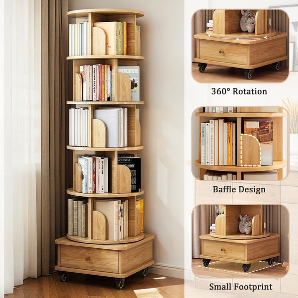 English Elm 6 Tier Rotating Bookshelf 360° Spinning Tower with Lockable Wheels, Drawer & Stable Base for Home Office Wood W3204P309484