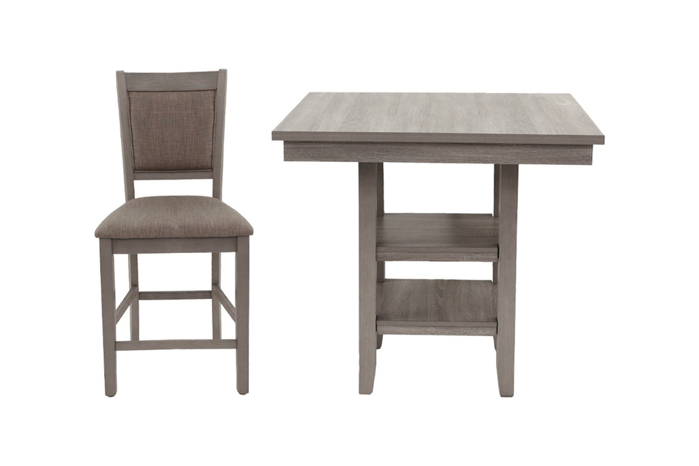 English Elm 5 Rustic Gray 5-Piece Counter Height Dining Set with Upholstered Chairs, Shelf & Footrests for Small Spaces B089P390145