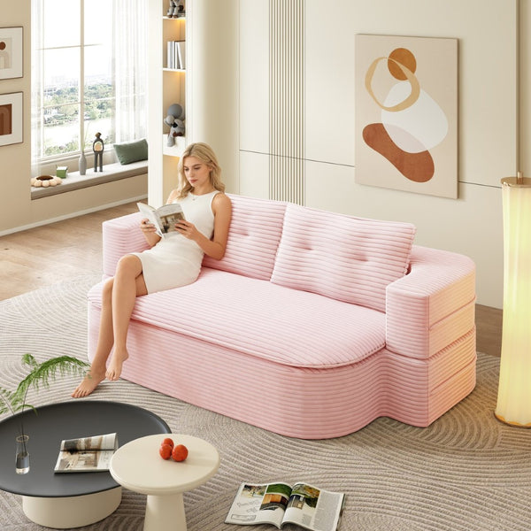 English Elm 78.7" Plush Corduroy Convertible Sleeper Sofa with Tufted Back and Foldable Floor Bed Baby Pink W3219P410144