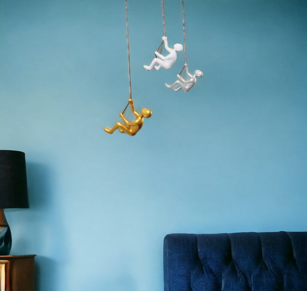 Homeroots Set Of Three 6" White Silver And Gold Climbing Men With Rope Wall Art  Resin 358144